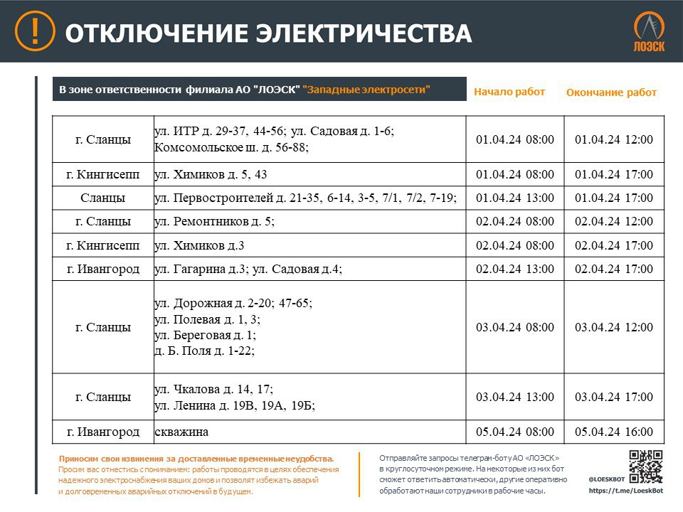 Опубликован график отключения электроэнергии в Ленобласти с 1 по 7 апреля |  31.03.2024 | ЛенОбласть - БезФормата