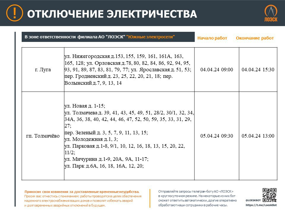 Опубликован график отключения электроэнергии в Ленобласти с 1 по 7 апреля |  31.03.2024 | ЛенОбласть - БезФормата