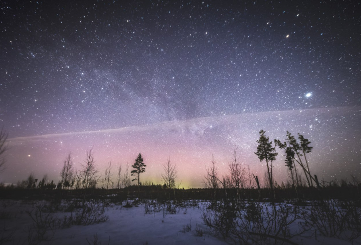 Млечный путь и северное сияние запечатлели в небе над Ленобластью прошлой ночью